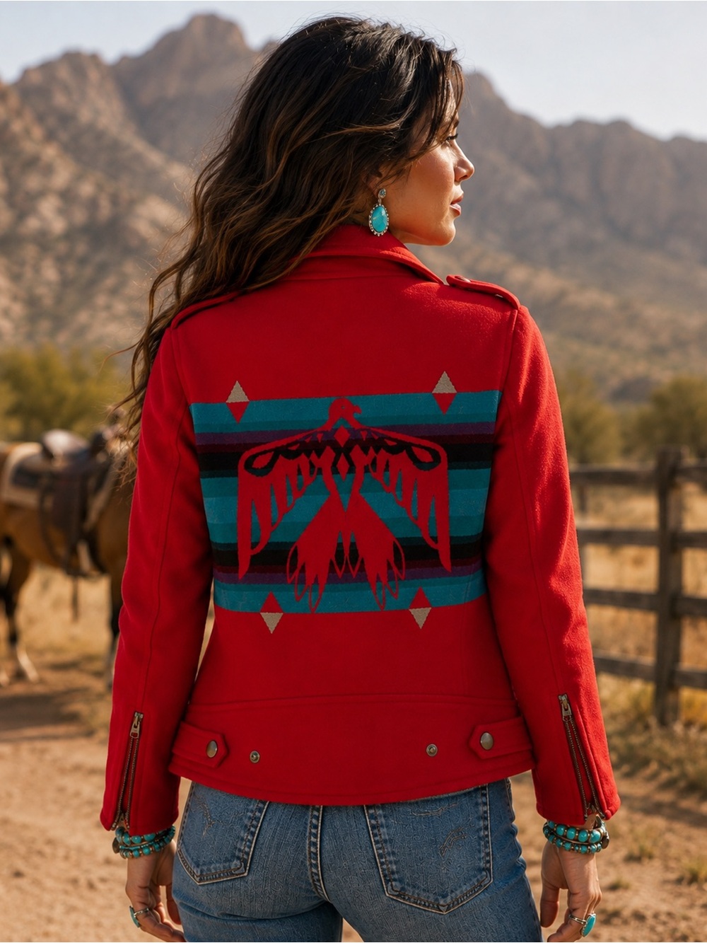 Pendleton Red Bomber Jacket with Multicolor Stripes